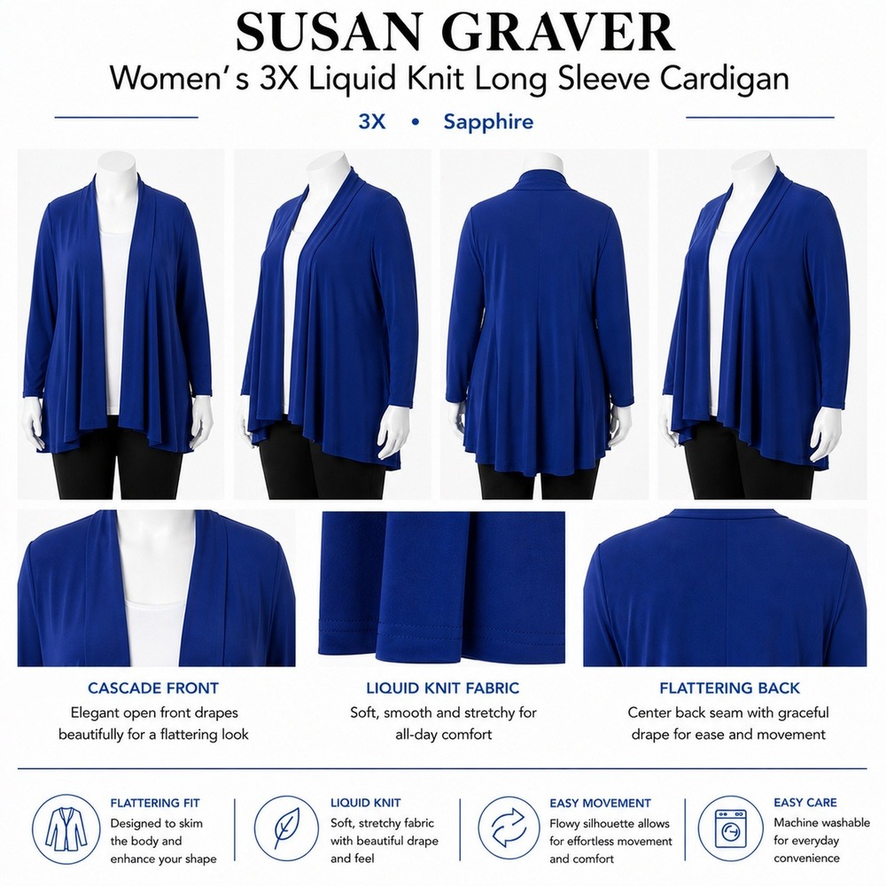 Susan Graver Liquid Knit Long Sleeve Cardigan Sapphire Blue 3X Open Front Hi-Low